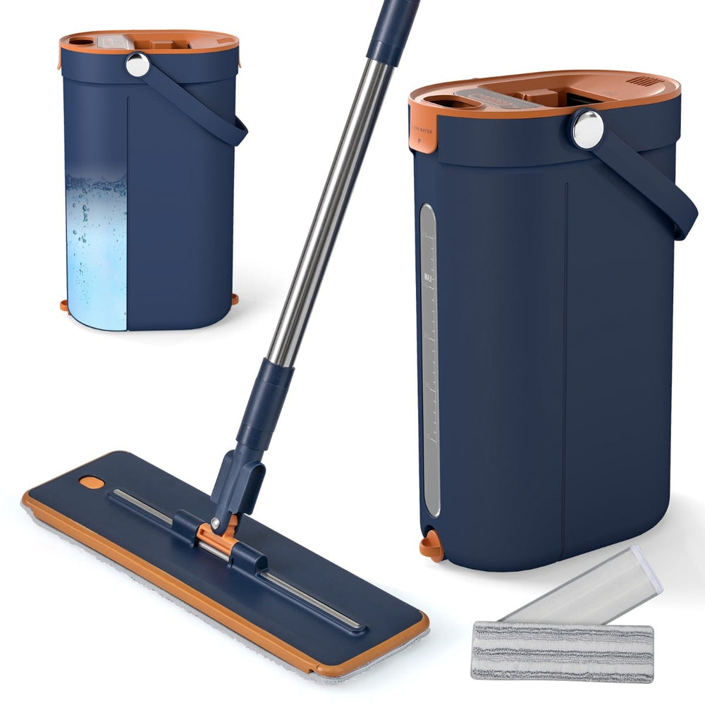 Mop and Bucket Set 3-Tank Flat Floor Mop and Bucket System with Wringer-Navy Blue
