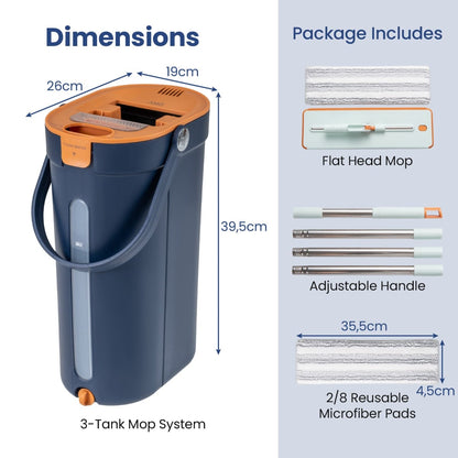 Mop and Bucket Set 3-Tank Flat Floor Mop and Bucket System with Wringer-Navy Blue
