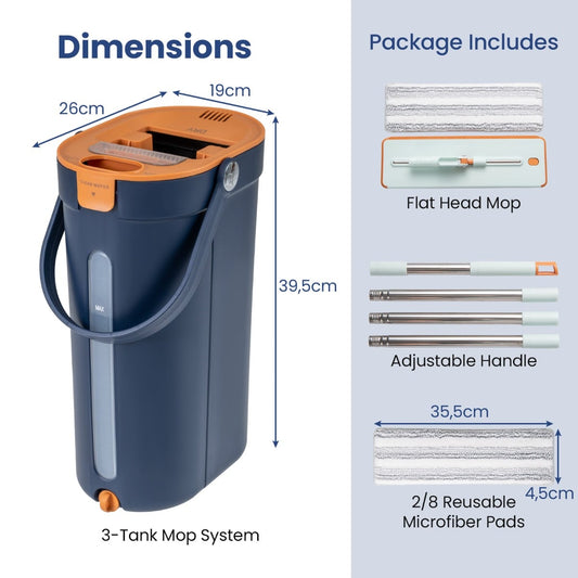 Mop and Bucket Set 3-Tank Flat Floor Mop and Bucket System with Wringer-Navy Blue