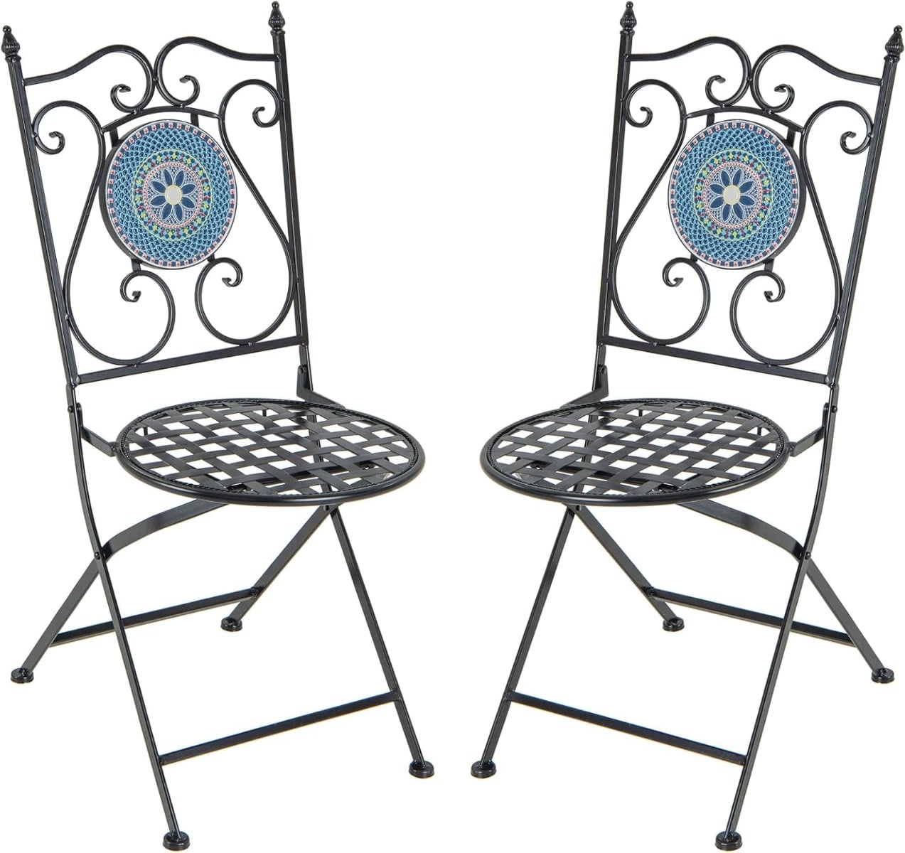 Mosaic Chairs for Patio Set of 2 Metal Folding Chairs with Decorative Backrest