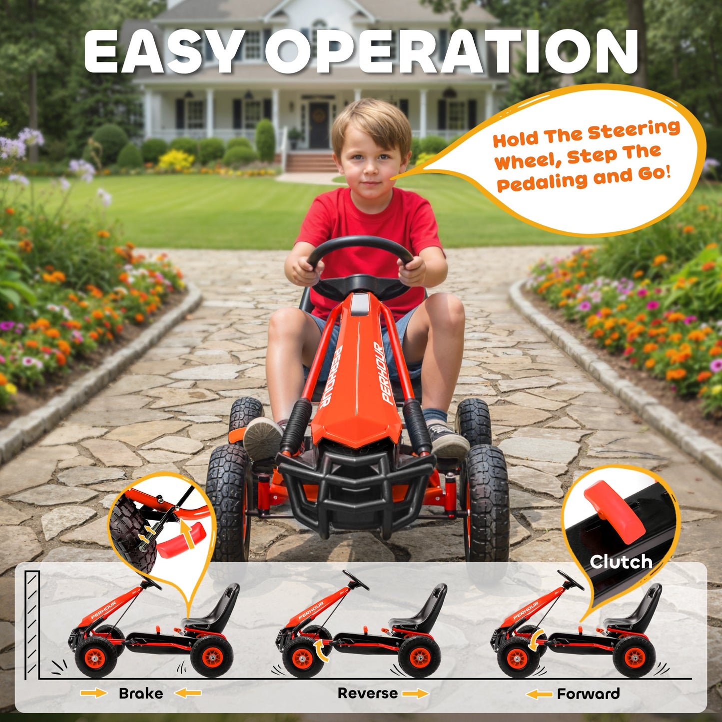 AIYAPLAY Kids Pedal Go Kart with Adjustable Seat, EVA Tyres, Manual Clutch, Brake, Go Kart for Kids 3-8 Years, Red