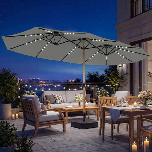 Outsunny Double Sided Garden Parasol with Base Included & 48 Solar LED Lights Patio Umbrella Crank Handle 4.6m Light Grey