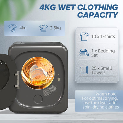 HOMCOM 4kg Vented Tumble Dryer with Deodorize, Smart Mode, 800W Compact Tumble Dryer with Stainless Steel Tub, Front Load, for Flat, Home, RVs, Grey
