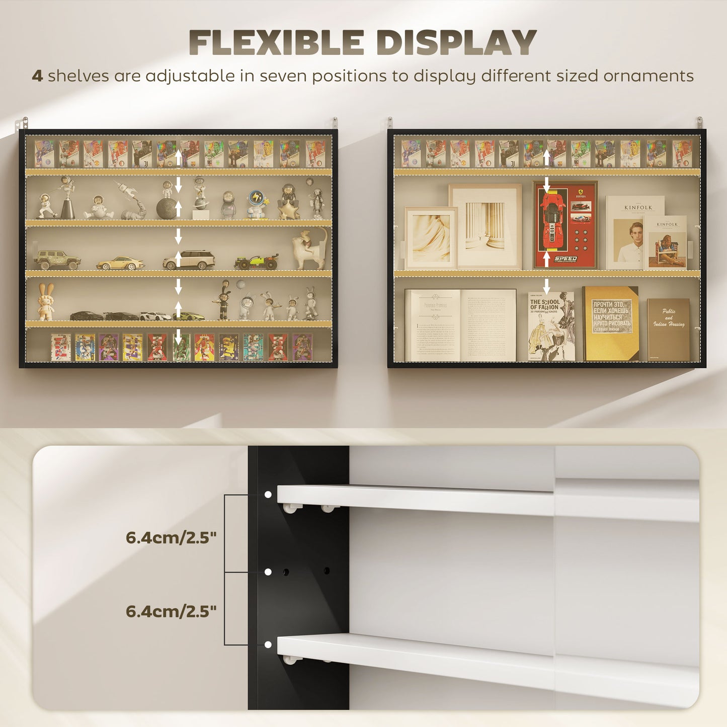HOMCOM 5-Tier Wall Display Cabinet,  Wall Mounted Display Case w/ 4 Adjustable Shelves, Glass Doors, 60x80cm, Black and White