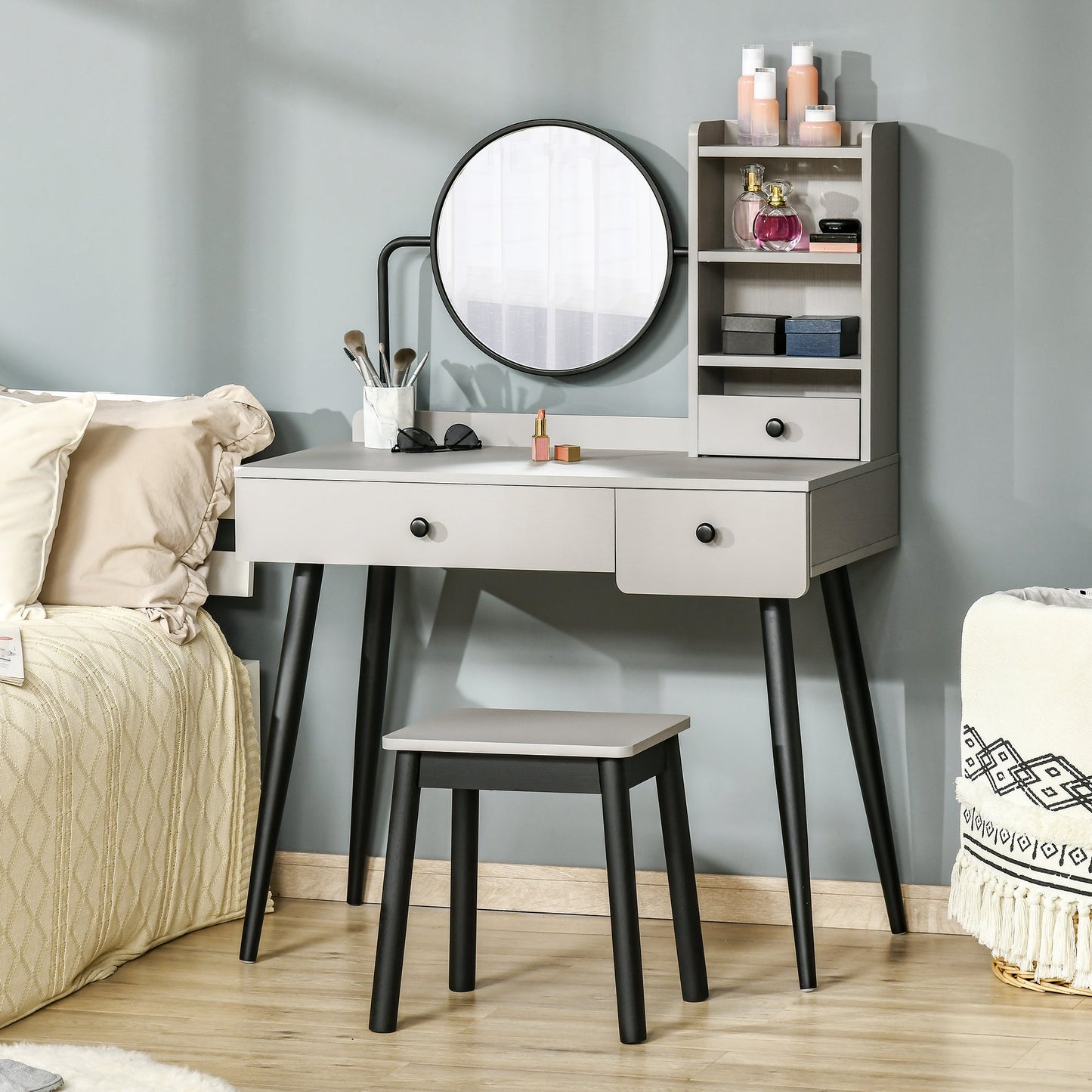 HOMCOM Dressing Table Set with Mirror and Stool, Vanity Makeup Table with 3 Drawers and Open Shelves for Bedroom, Living Room, Grey