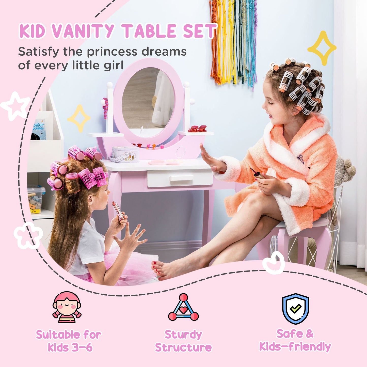 ZONEKIZ Kids Dressing Table Set Kids Vanity Set Girl Makeup Desk with Mirror Stool Drawer Round Legs for 3-6 Years Old, Pink