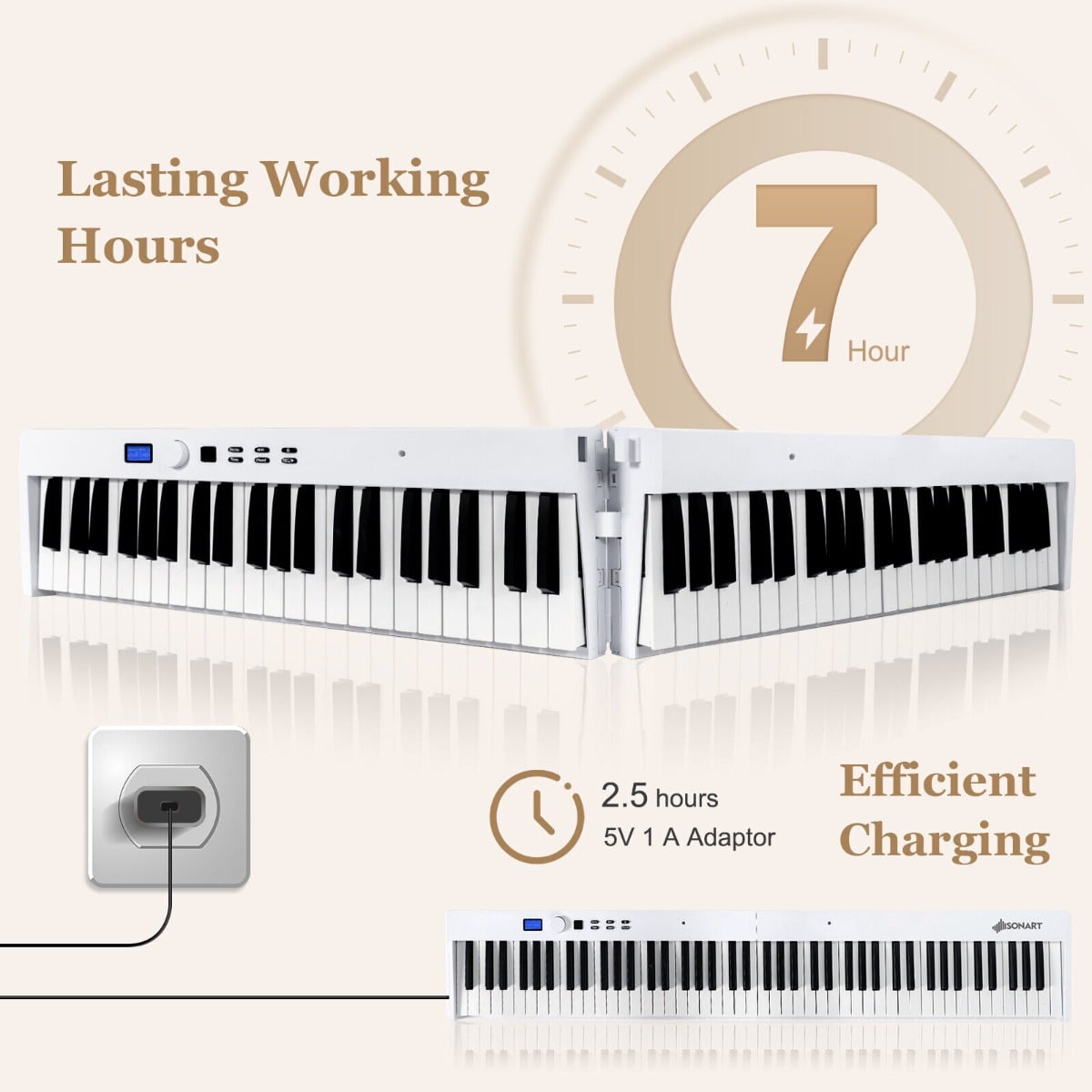 88-Key Foldable Full-Size Semi-Weighted Digital Piano Keyboard with MIDI-White
