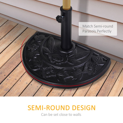 Outsunny 9kg Resin Parasol Base, Half Round Umbrella Stand with Floral Design for Garden, Outdoor, Suitable Umbrella Rod: Î¦3.8cm, Î¦4.8cm, Black