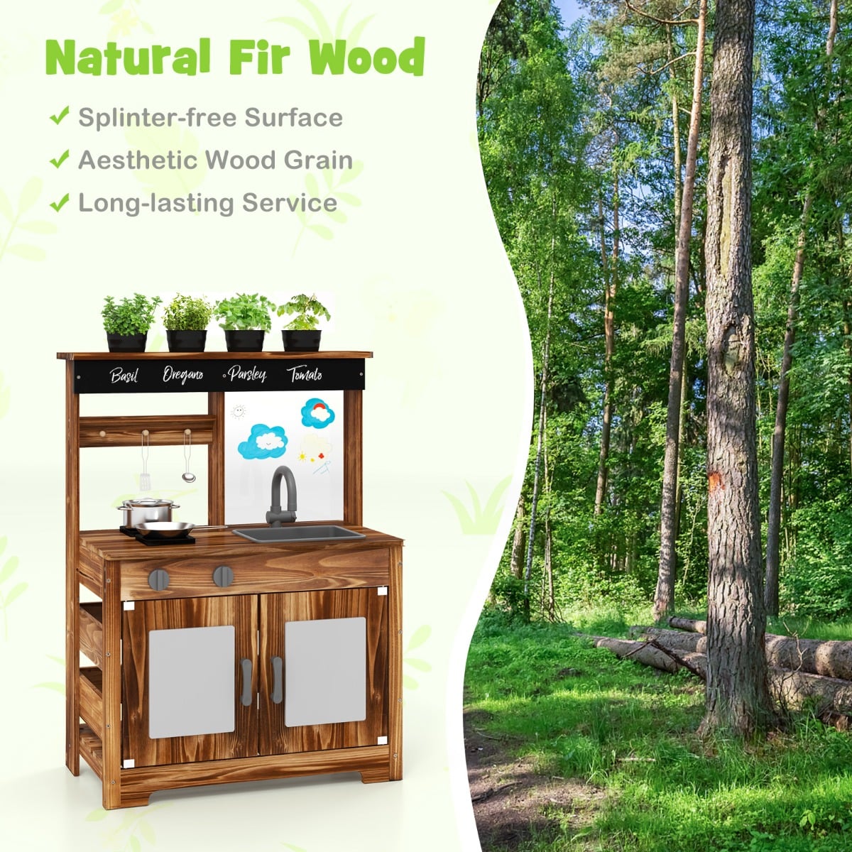 Mud Kitchen Fir Wood Play Kitchen with Planting Pots and Removable Sink-Brown
