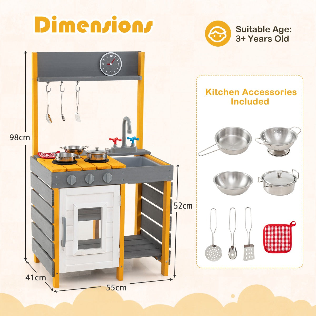 Mud Kitchen for Kids with Stoves Removable Sink and Faucet-Grey
