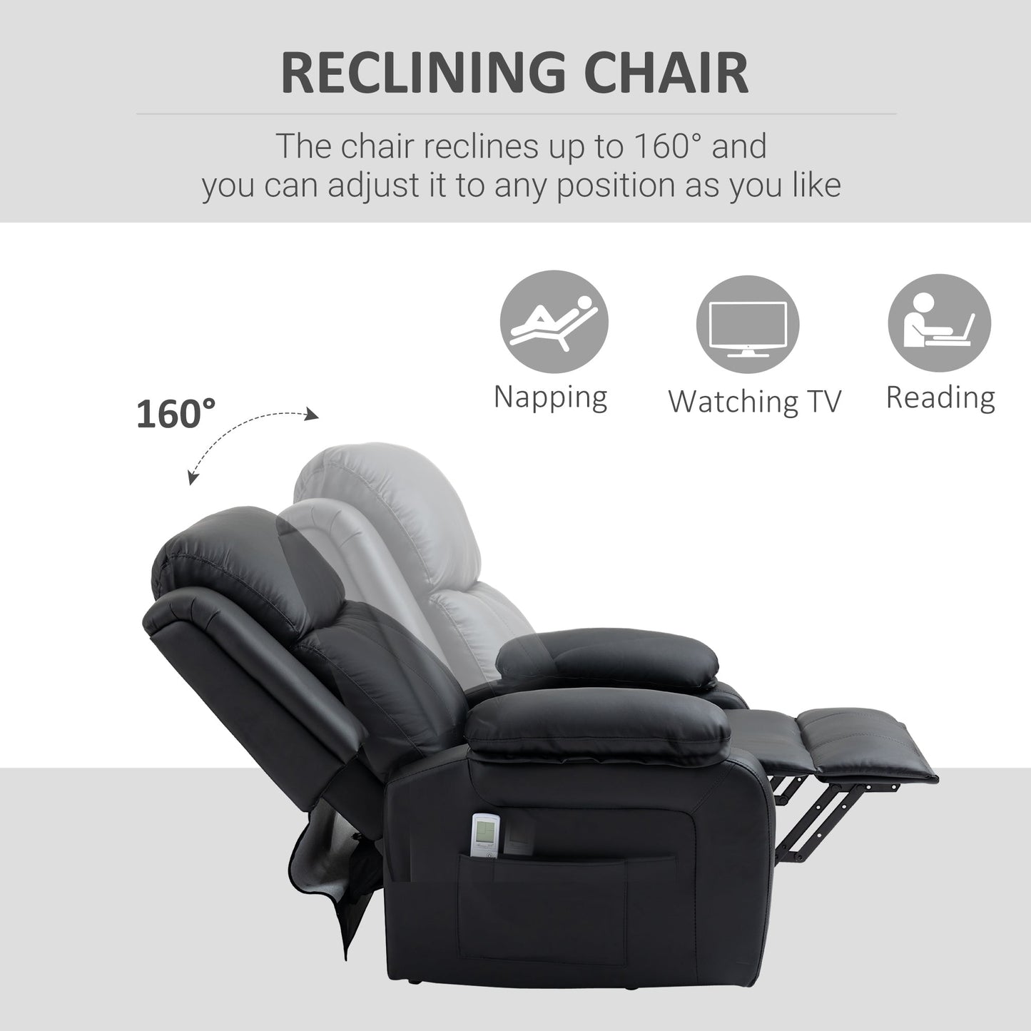 Electric Power Lift Recliner Chair Vibration Massage Reclining Chair with Remote Control and Side Pocket, Black