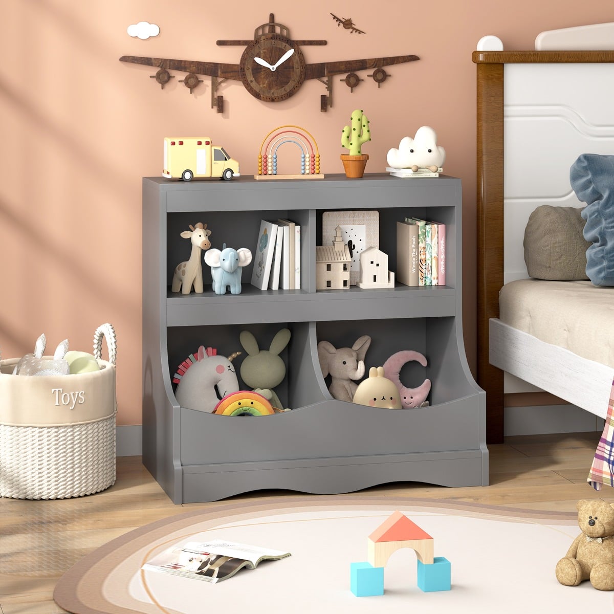 Multi-Bin Toy Storage Cabinet for Children's Room and Playroom-Grey