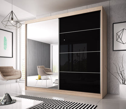 Mable-XI 2 Door Mirrored Sliding Wardrobe - Sonoma Oak & Black Gloss