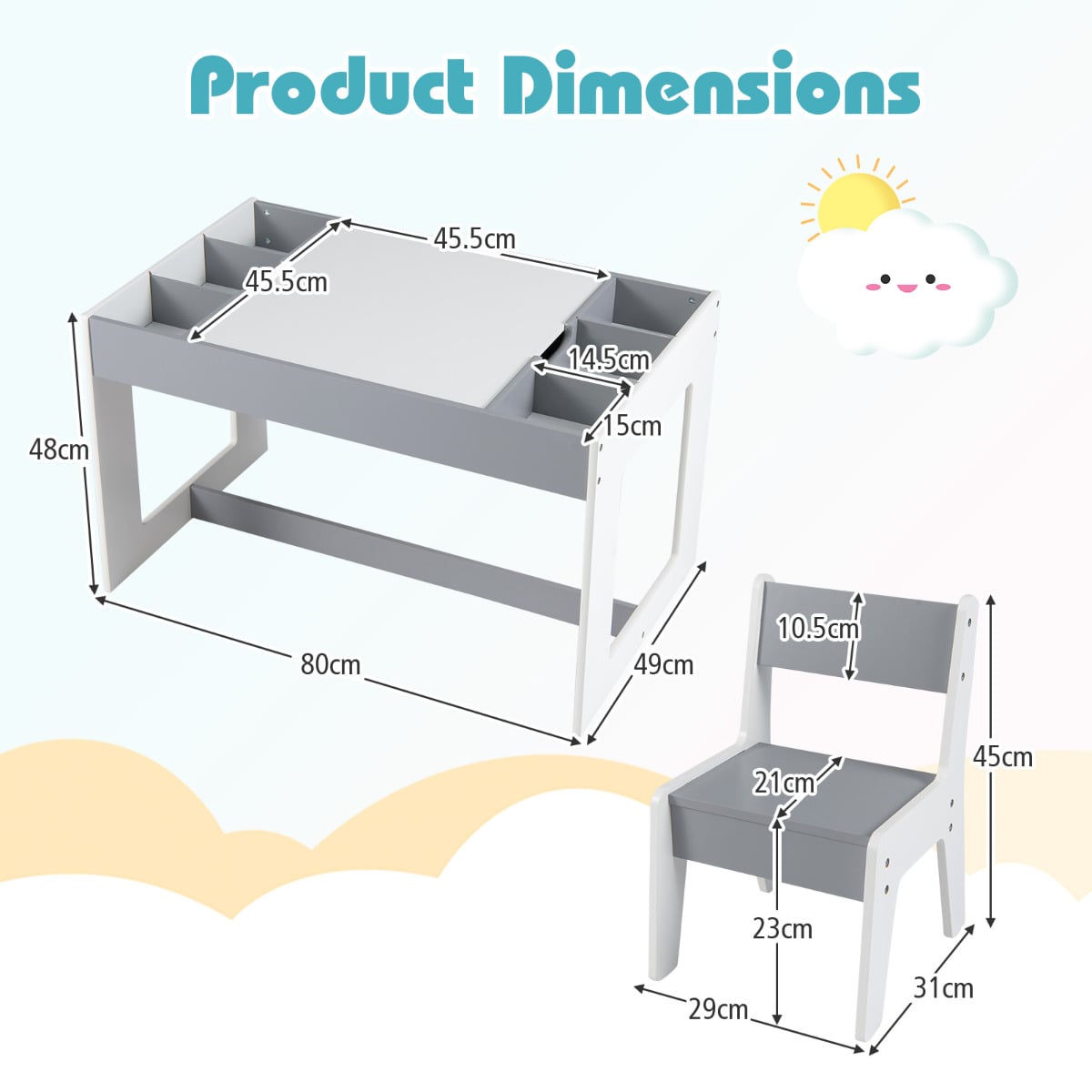 Multifunctional Kids Table and 2 Chairs Set with Whiteboard-Gray & White