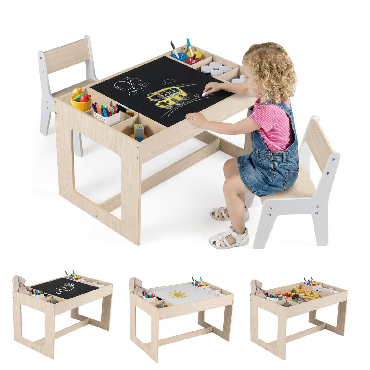 Multifunctional Kids Table and 2 Chairs Set with Whiteboard-Natural & White