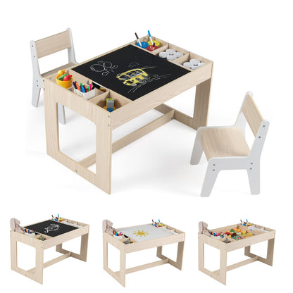 Multifunctional Kids Table and 2 Chairs Set with Whiteboard-Natural & White