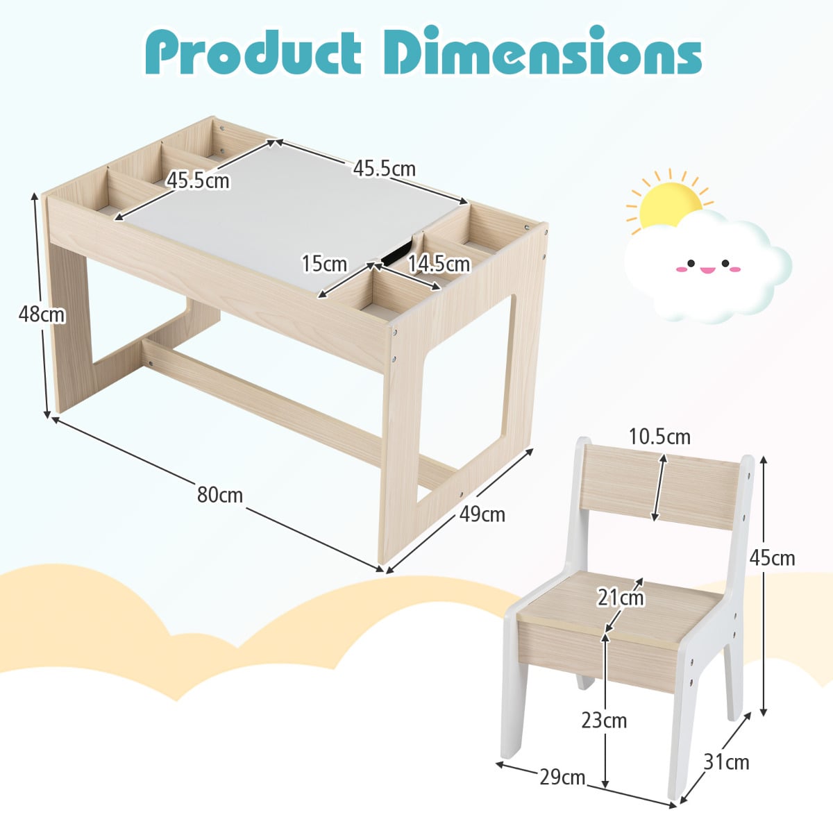 Multifunctional Kids Table and 2 Chairs Set with Whiteboard-Natural & White