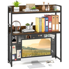 Multipurpose 2-Tier Desk Hutch with Pegboard for Home Office-Rustic Brown