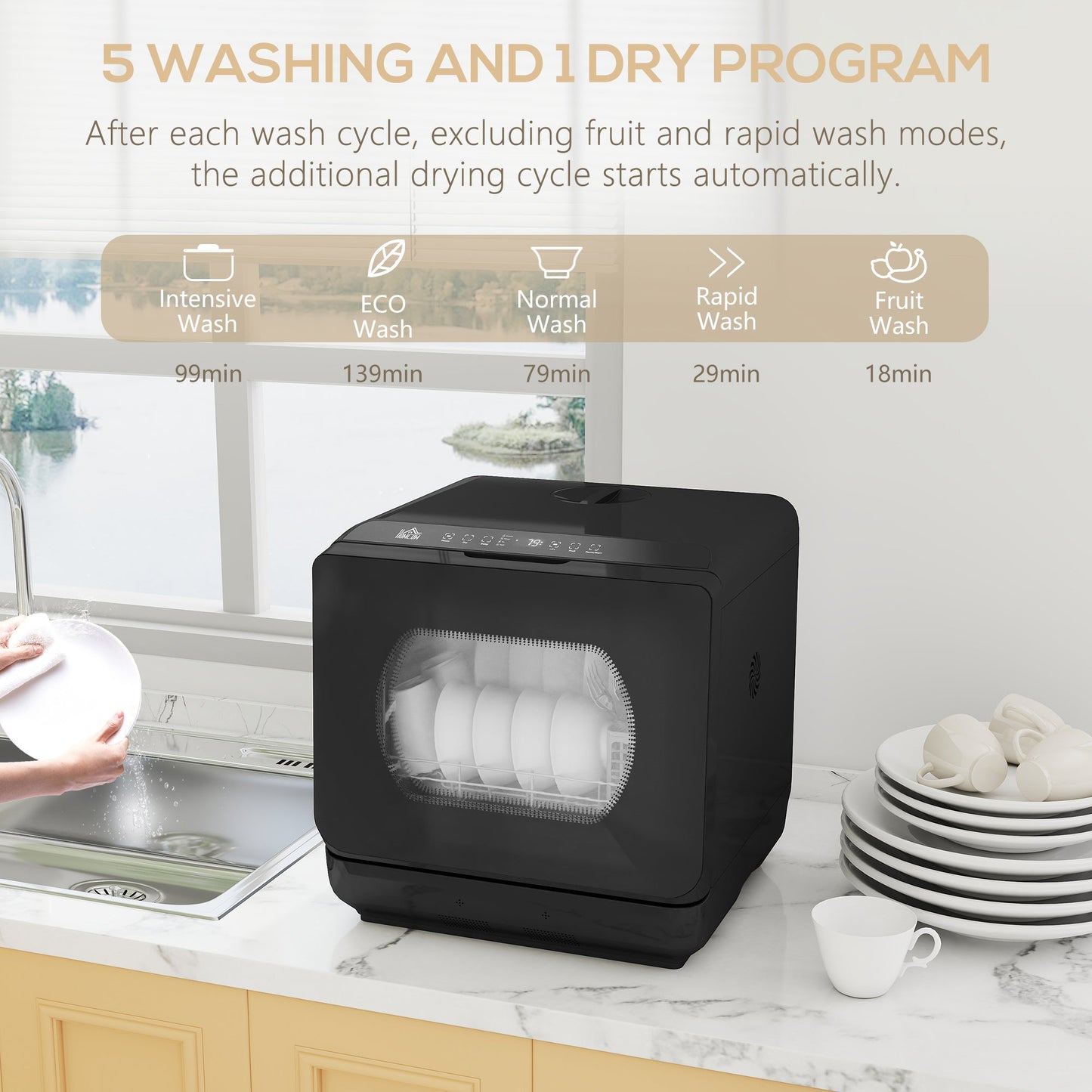 HOMCOM Table Top Dishwasher with Built-in 6L Water Tank, Mini Countertop Dishwasher with 6 Programs, 4 Place Settings, Black