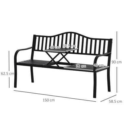 Outsunny Metal Outdoor Bench with Liftable Middle Table, Patio Loveseat, Garden Bench for Garden, Porch, Seats 2â3 People, Black