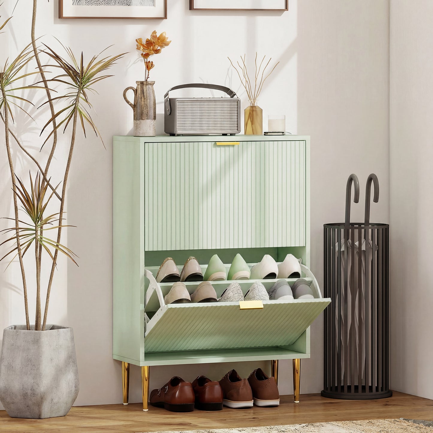 HOMCOM Elegant Two-Drawer Shoe Cabinet - Light Green