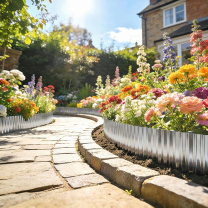 Outsunny Metal Garden Edging Border, 8 in x 21.3 ft Corrugated Heavy Duty Galvanised Steel Lawn Edging, Silver Tone