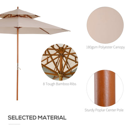 Outsunny 2.7m Wooden Parasol Elegant Two-Tier Design Garden Parasol Umbralle for Outdoor Shade, Beige