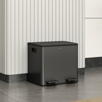HOMCOM 30L Dual Compartment Stainless Steel Bin, with Deodoriser Holders - Black