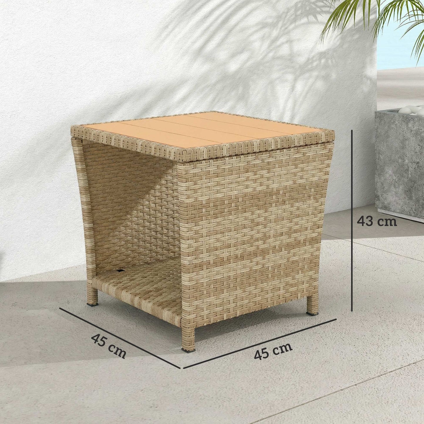 Outsunny Side Table 2-Tier Outdoor Coffee Table with Storage Shelf PS Wood Slat Top/Khaki