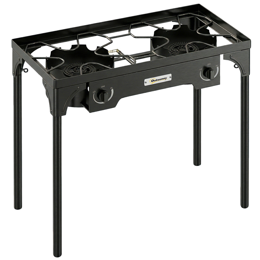 Outsunny Double Burner Camping Stove, 150,000 BTU High Pressure Camping Gas Stove with Detachable Legs, Black