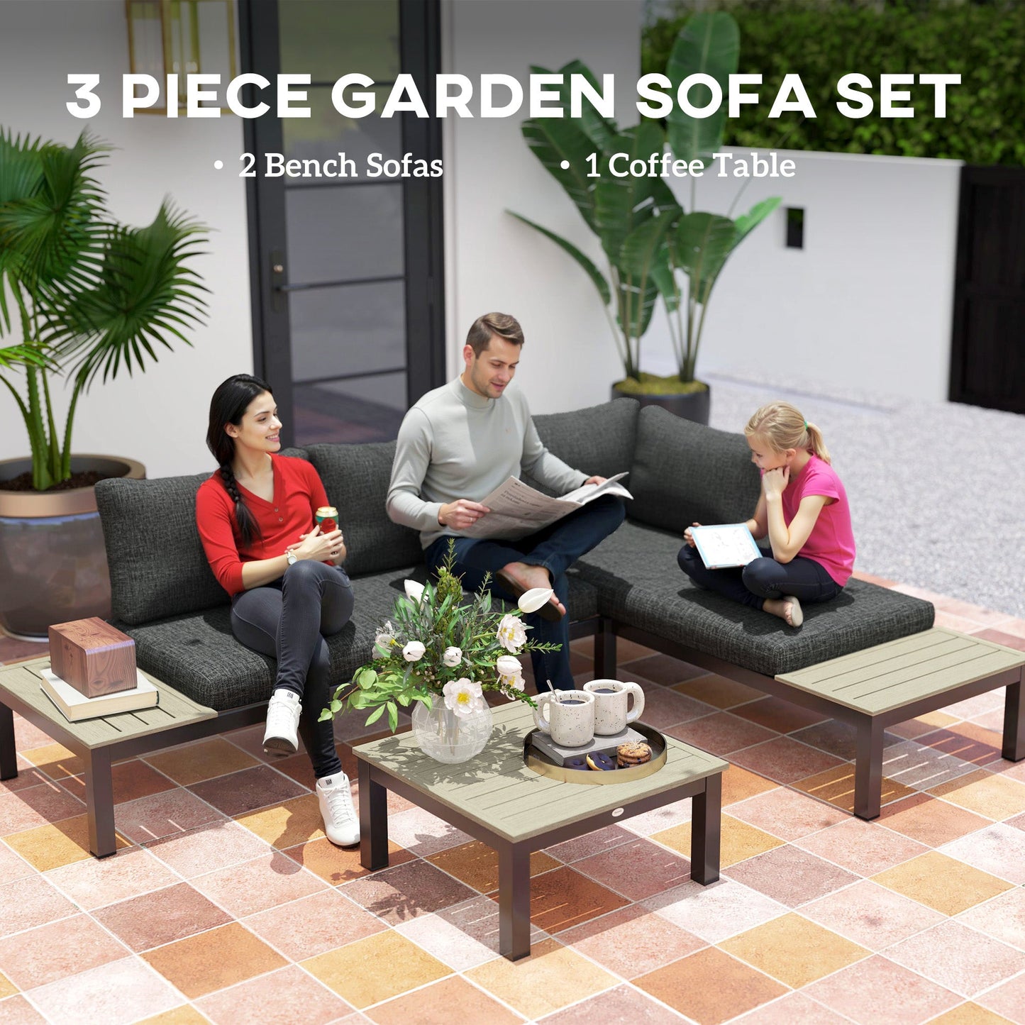 Outsunny 3 Pieces Garden Furniture Set, Aluminium 4 Seater Corner Sofa Set with 2 Loveseats, Coffee Table and Side Trays, Outdoor Conversation Furniture with Cushions for Garden, Dark Grey