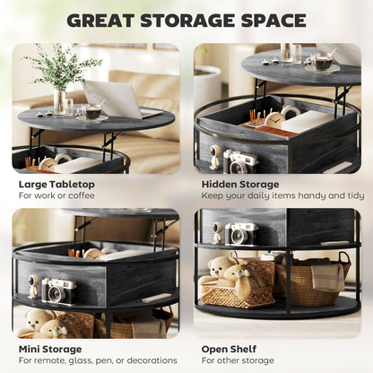 HOMCOM Lift Top Coffee Table, Round Coffee Table with Storage Shelf, Hidden Compartment and Steel Frame for Living Room, Home Office, Charcoal Grey