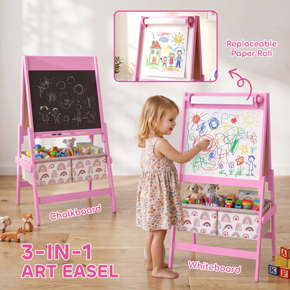 AIYAPLAY Art Easel for Kids, 3-in-1 Kids Easel with Chalkboard, Whiteboard, Paper Roll, Storage, Under-Board Shelf for 3-8, Pink
