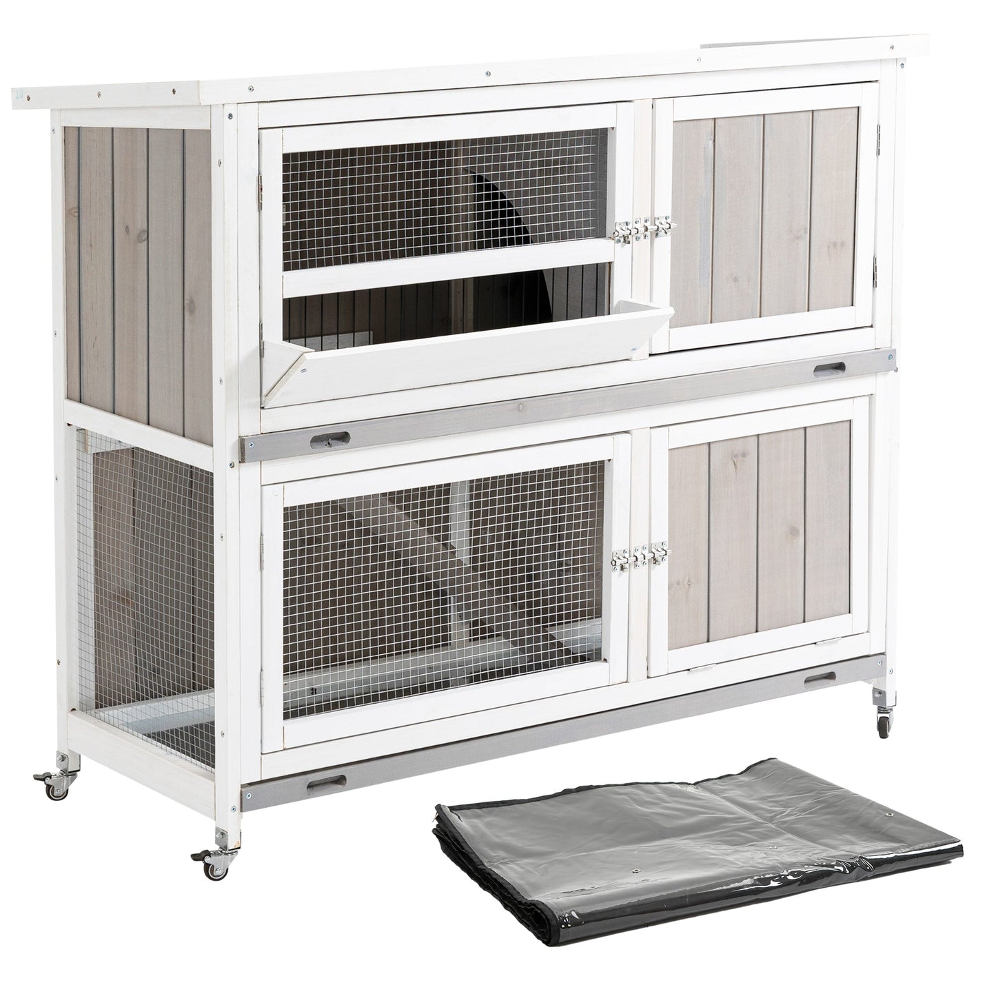 PawHut Wooden Pet Hutch, Two-Tier Cage with Rain Cover, Wheels, White