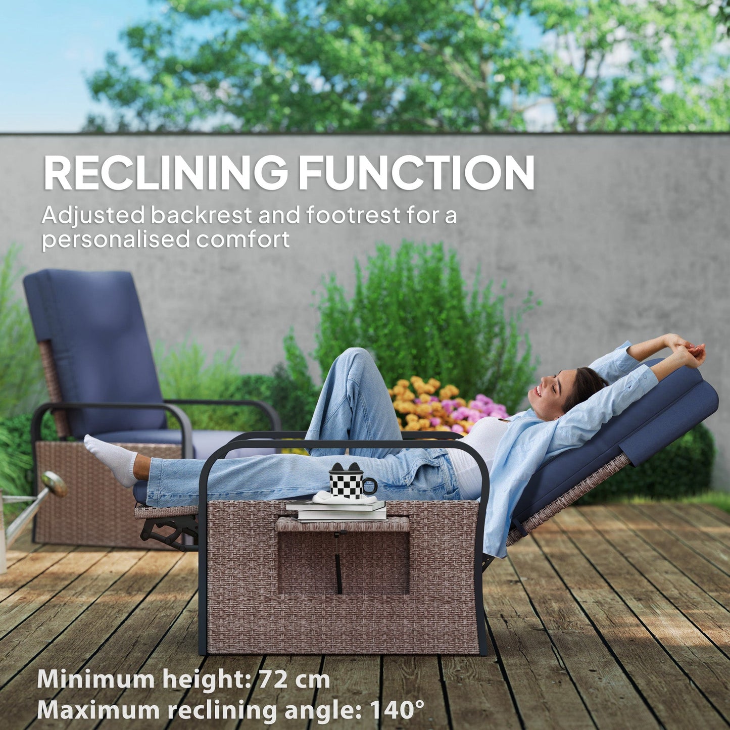 Outsunny 140 Reclining Rattan Armchair - Brown/Blue