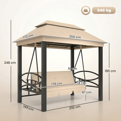 Outsunny 3 Seater Swing Chair 3-in-1 Convertible Garden Swing Seat Bed Gazebo Patio Bench Outdoor with Double Tier Canopy, Cushioned Seat, Mesh Sidewalls, Beige