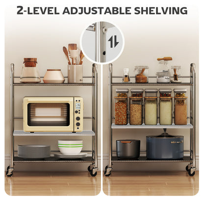HOMCOM 3 Tier Stainless Steel Kitchen Storage Trolley with Adjustable Shelf - Silver