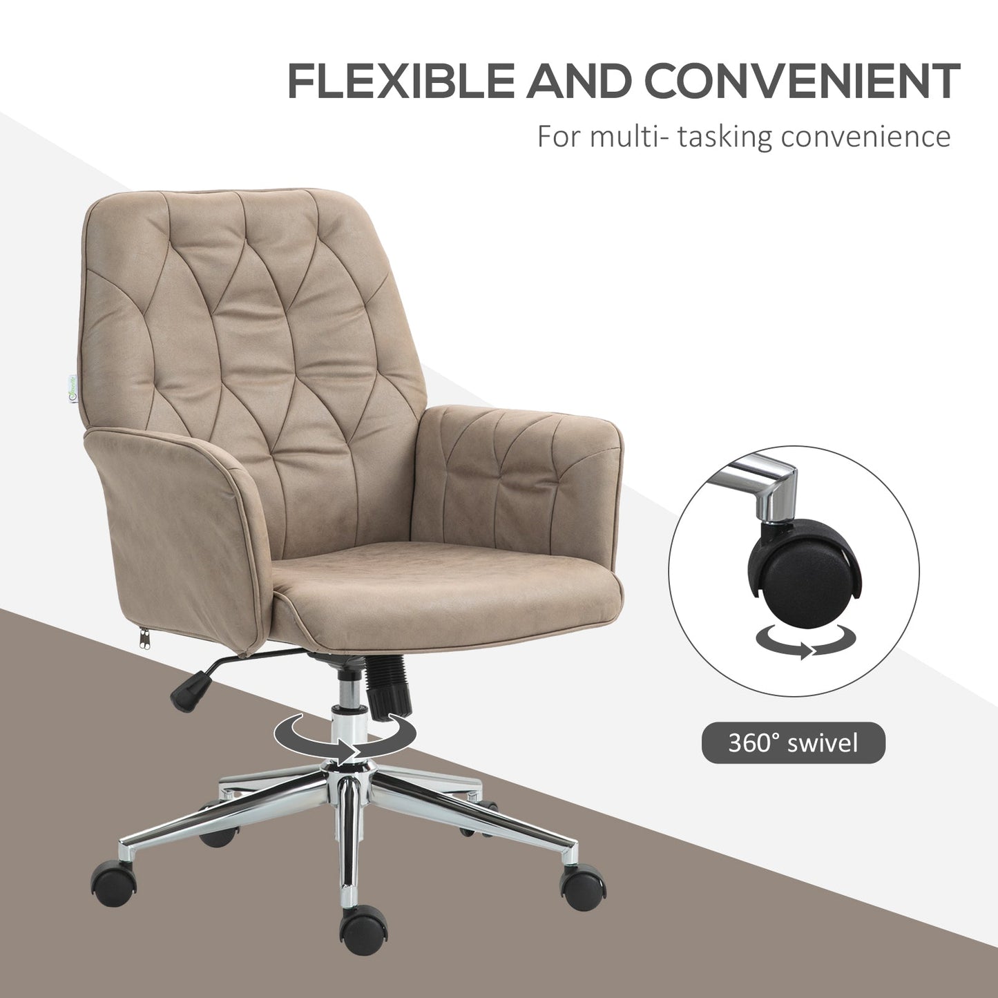 Vinsetto Retro Style Microfibre Computer Chair with Armrest, Modern Swivel Chair with Adjustable Height, Khaki