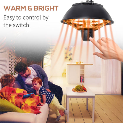 Outsunny 600W Electric Heater Ceiling Hanging Halogen Light with Adjustable Hook Chain Black Aluminium Frame