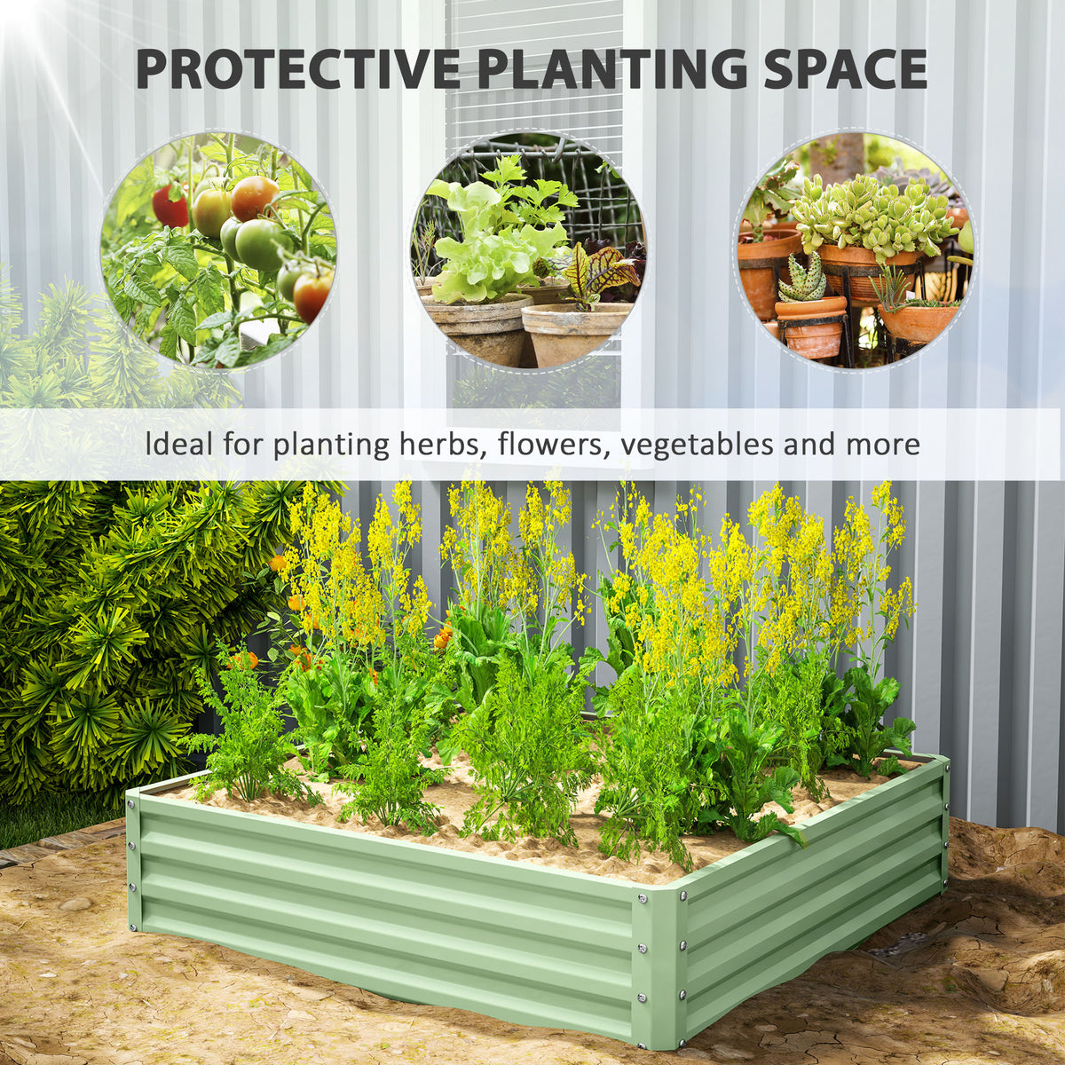 Outsunny Square Raised Garden Bed Box with Weatherized Steel Frame for Vegetables, Flowers, & Herbs, 120 x 120 x 30cm, Light Green