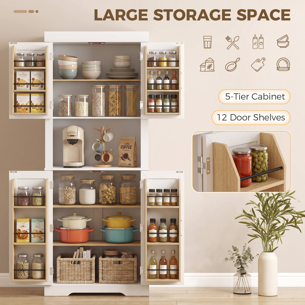 HOMCOM 183 cm Tall Kitchen Cupboard, Kitchen Cabinet with Open Countertop, Door Racks and Adjustable Shelves, White
