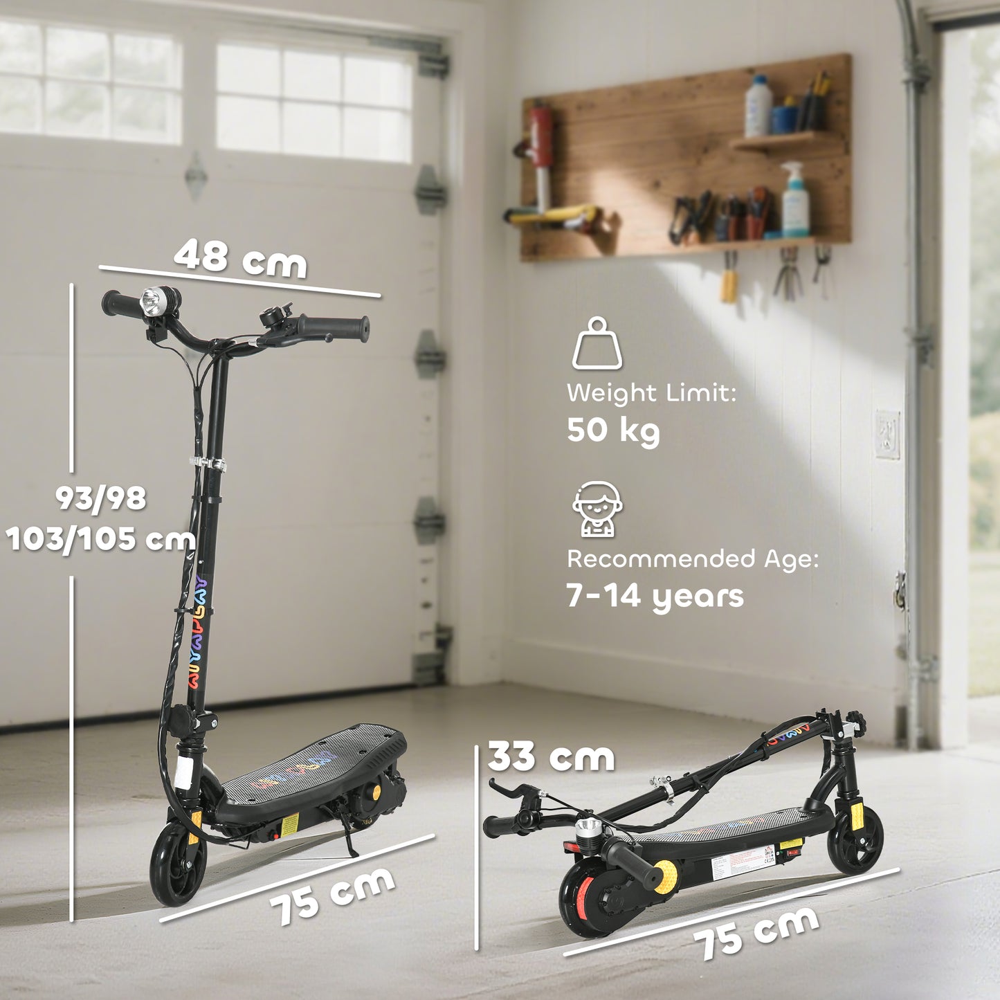 HOMCOM Foldable Electric Scooter, with LED Lights, for Ages 7-14 Years, Black
