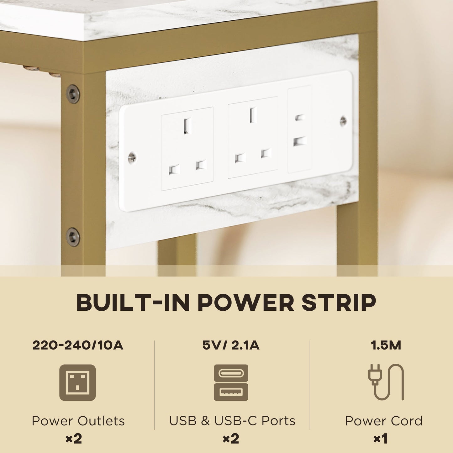 HOMCOM C Shaped Side Table with Charging Station and Faux Marble Top - White