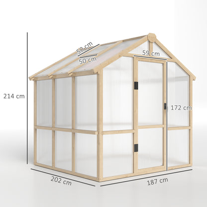 Outsunny 6.6 x 6ft Polycarbonate Greenhouse, Walk-in Wooden Greenhouse with Lockable Door and Window, Garden Plants Grow House, Brown
