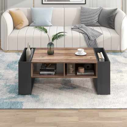 Wood Grain Coffee Table with Handleless Drawer and Double-Sided Storage, Industrial Design, 106.4x60x40 cm, Black+ Gray