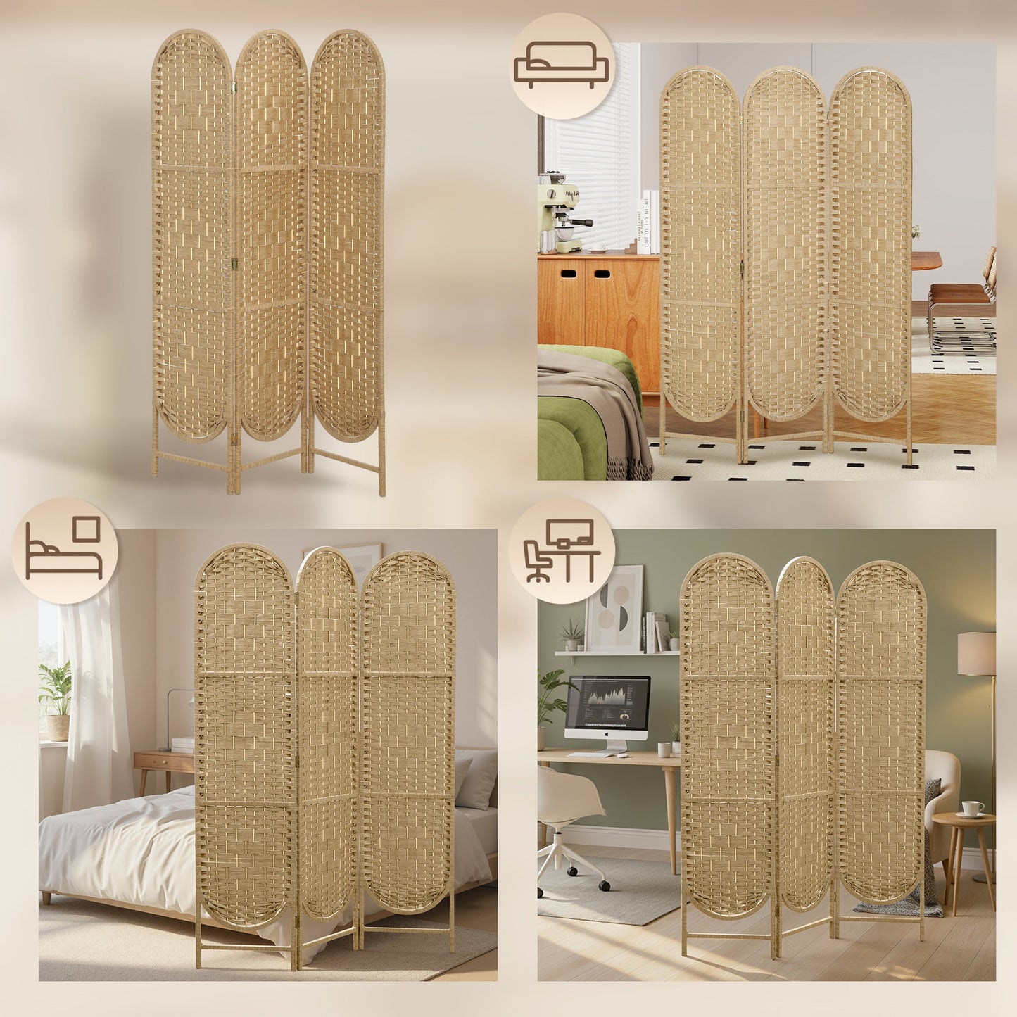 HOMCOM Indoor Oval 3-Panel Room Divider 120 x 170 cm Folding Lightweight Woven Partition, Natural Wood