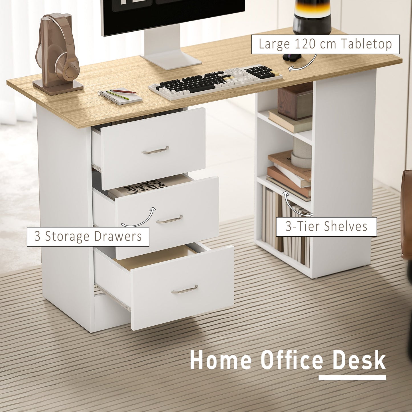 HOMCOM Computer Desk, Writing Table, PC Workstation with 3 Storage Shelves and Drawers, Silver Handle, for Home Office, Natural Wood Finish and White