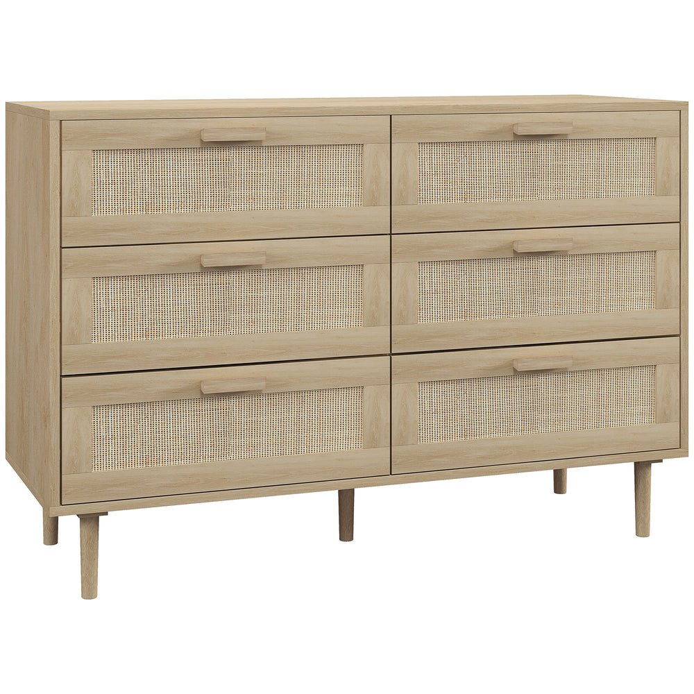 HOMCOM Chest of Drawers, 6-Drawer Dresser, Tall Storage Drawer Unit with Rattan Element for Bedroom, Living Room, Oak