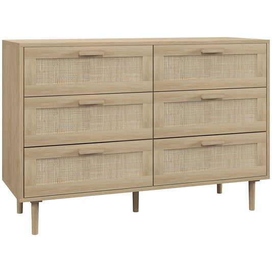 HOMCOM Chest of Drawers, 6-Drawer Dresser, Tall Storage Drawer Unit with Rattan Element for Bedroom, Living Room, Oak
