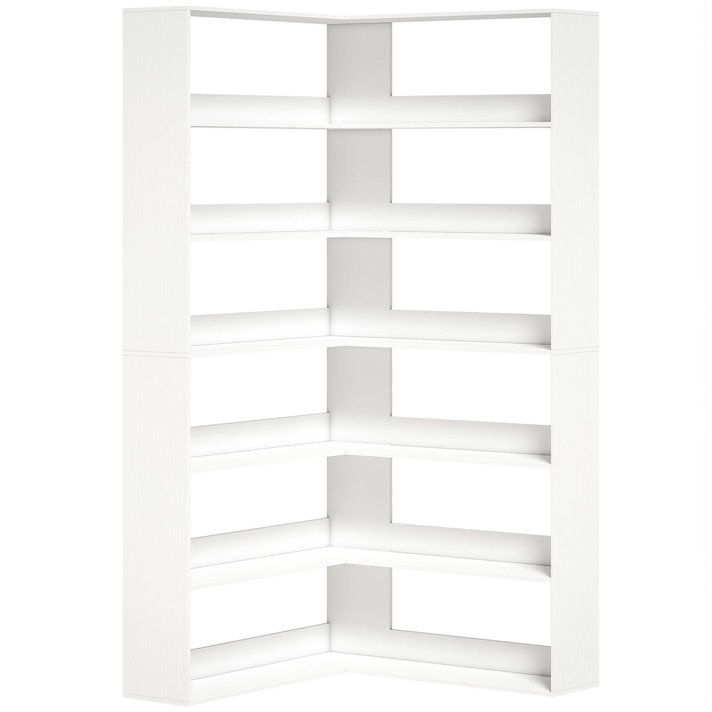 HOMCOM 7 Tiers Bookshelf, L-Shaped Corner Bookcase with Anti-Slip Rear Guard, White Wood Effect